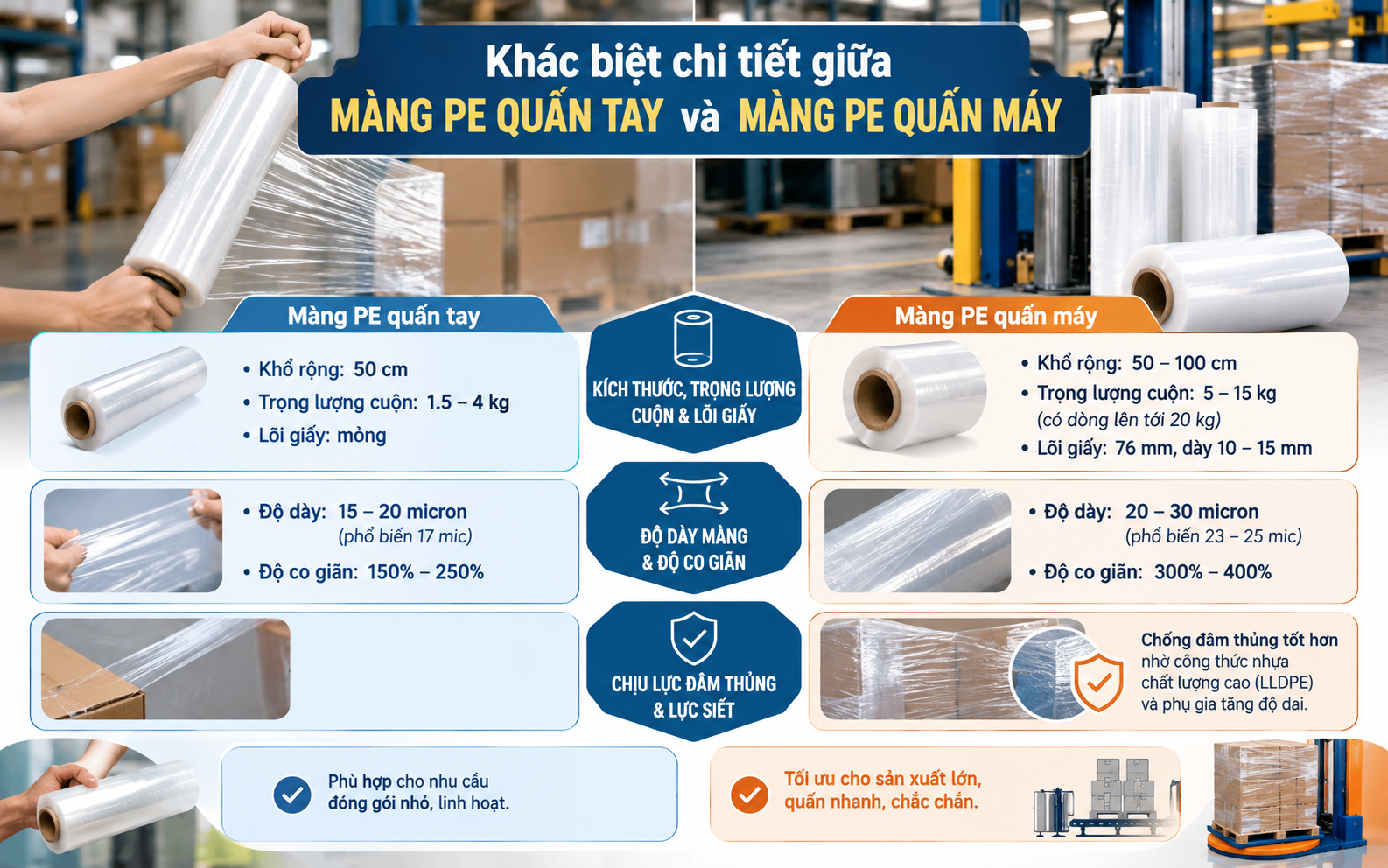 Khác biệt chi tiết giữa màng PE quấn tay và màng PE quấn máy