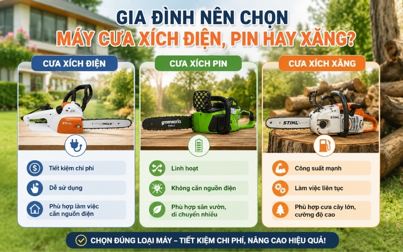 Gia đình nên chọn máy cưa xích điện, pin hay xăng