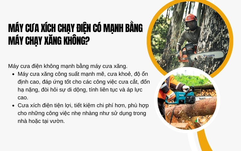 Máy cưa xích chạy điện có mạnh bằng máy chạy xăng không