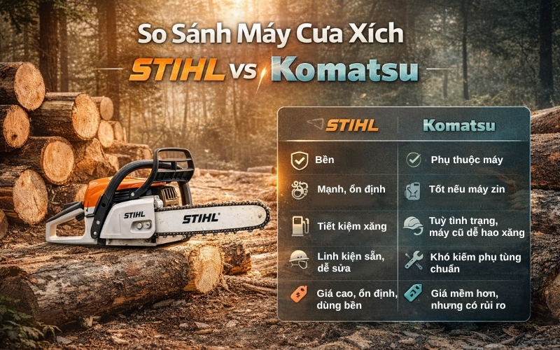 So sánh máy cưa xích Stihl và Komatsu