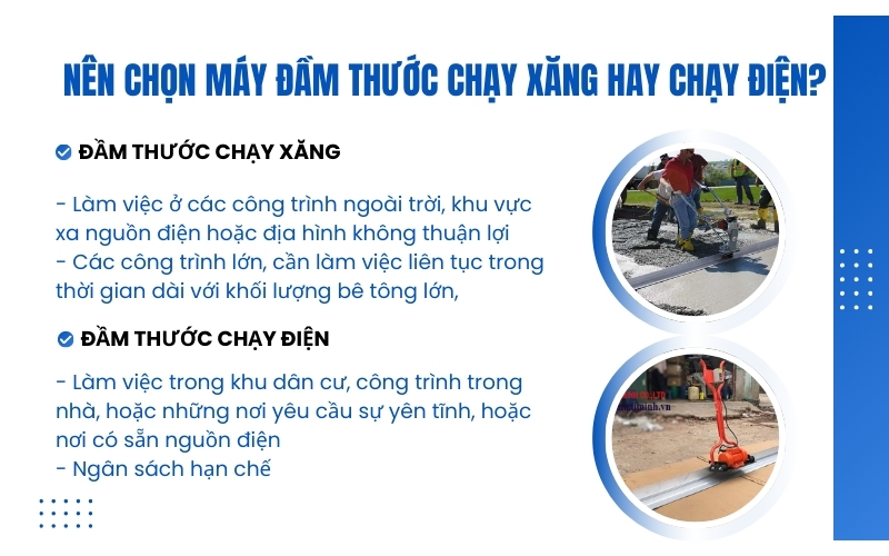 Nên chọn máy đầm thước chạy xăng hay chạy điện?