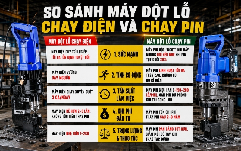 So sánh chi tiết máy đột lỗ chạy pin và điện