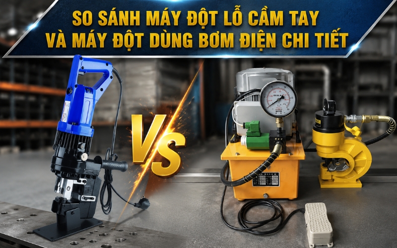 So sánh máy đột lỗ cầm tay và máy đột dùng bơm điện chi tiết