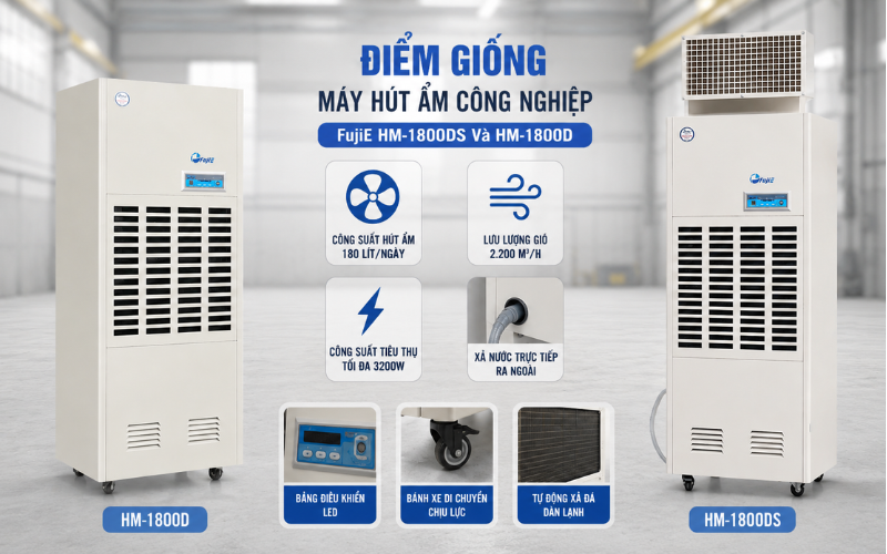 Điểm giống máy hút ẩm công nghiệp FujiE HM-1800DS Và HM-1800D