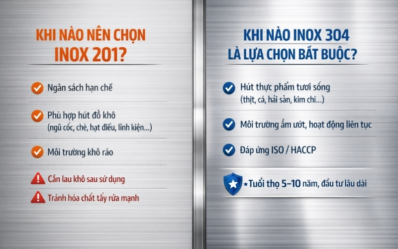 Nên mua máy hút chân không công nghiệp inox 201 hay inox 304