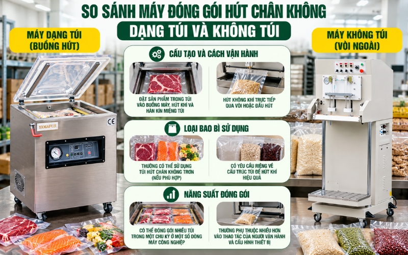 So sánh máy đóng gói hút chân không dạng túi và không túi