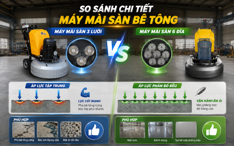 So sánh chi tiết máy mài sàn bê tông 3 lưỡi và 6 đĩa