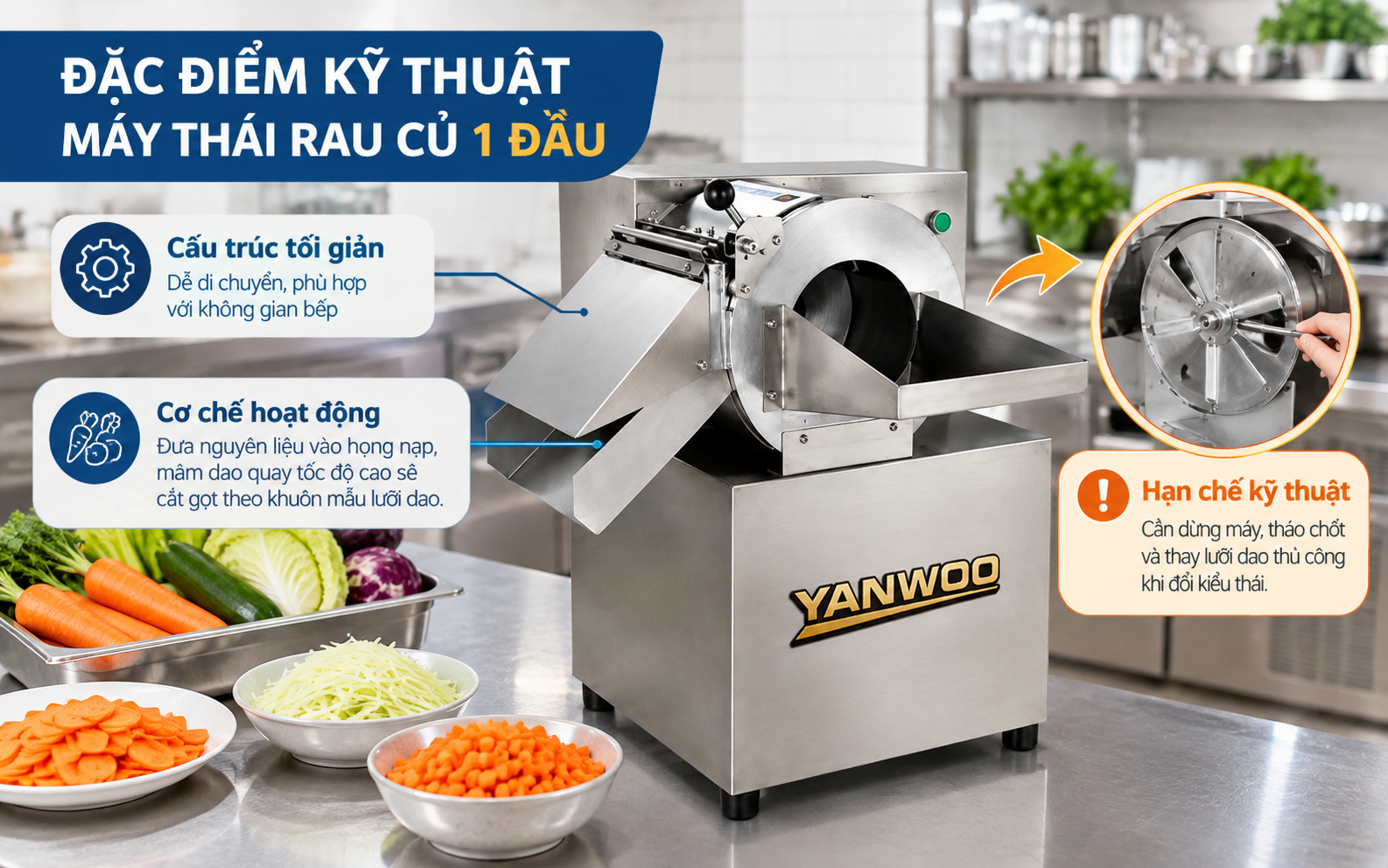 Đặc điểm kỹ thuật của máy thái rau củ 1 đầu