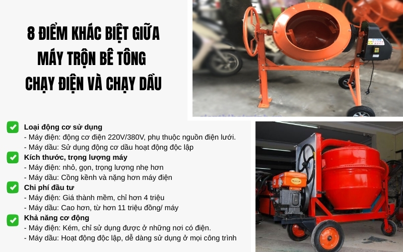 8 điểm khác biệt giữa máy trộn bê tông chạy điện và chạy dầu