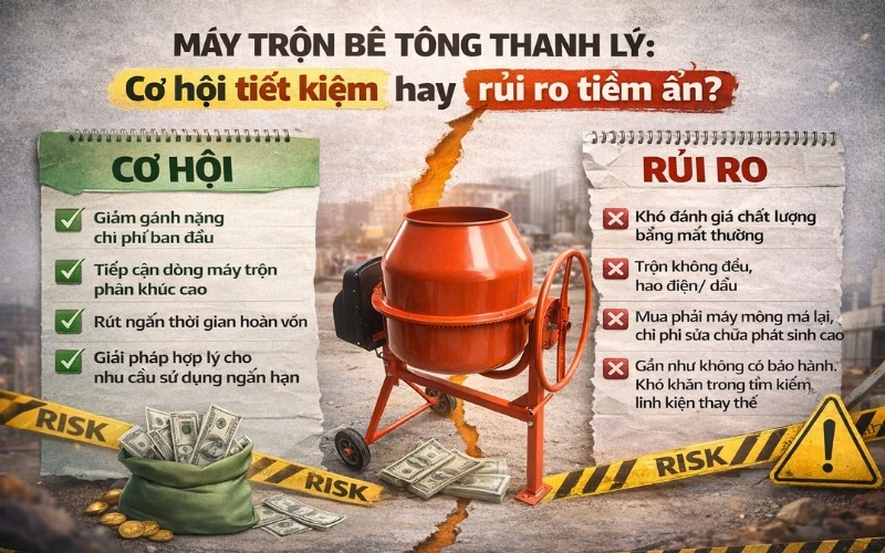 Máy trộn bê tông thanh lý Cơ hội tiết kiệm hay rủi ro tiềm ẩn