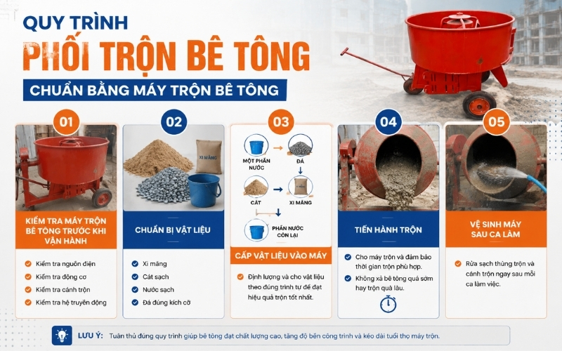 Quy trình phối trộn bê tông chuẩn bằng máy trộn bê tông
