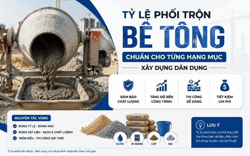 Tỷ lệ phối trộn bê tông chuẩn cho từng hạng mục xây dựng dân dụng