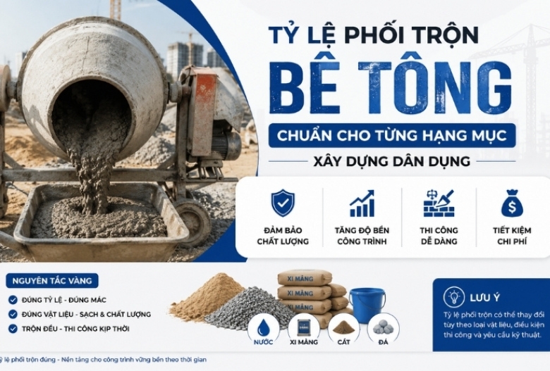 Tỷ lệ phối trộn bê tông chuẩn cho từng hạng mục xây dựng dân dụng