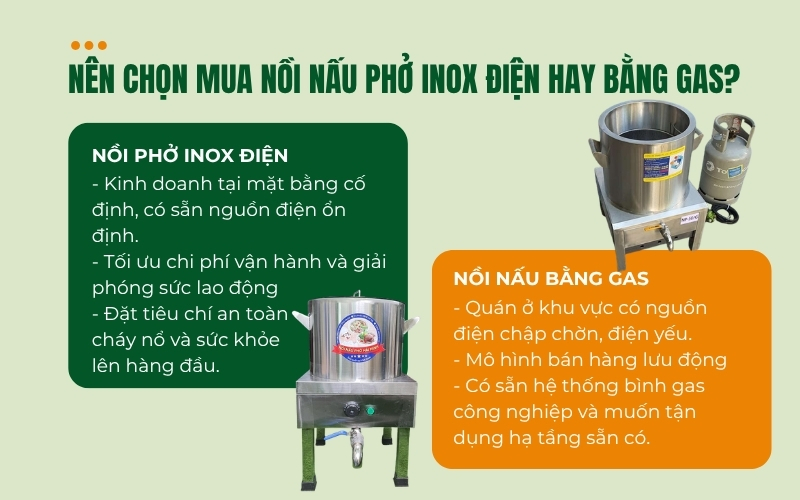 Nên chọn mua nồi nấu phở inox điện hay bằng gas?