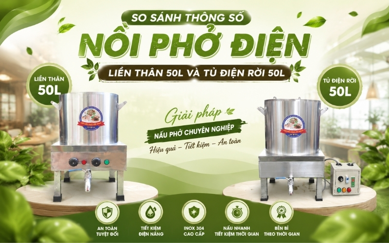 So sánh thông số nồi phở điện liền thân 50L và tủ điện rời 50L