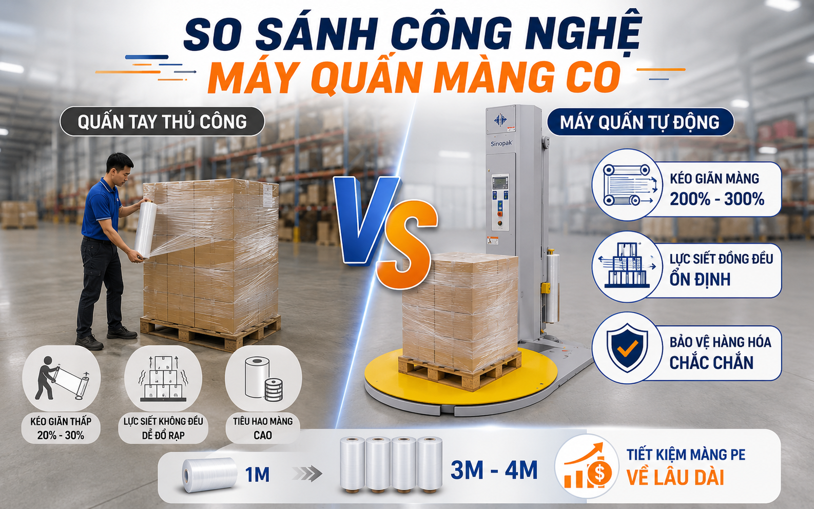 So sánh công nghệ máy quấn màng co