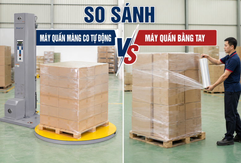 So sánh máy quấn màng co tự động và máy quấn bằng tay