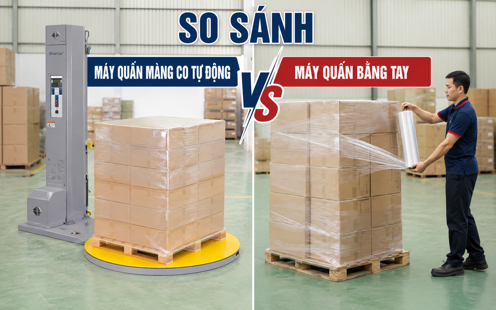 So sánh máy quấn màng co tự động và máy quấn bằng tay