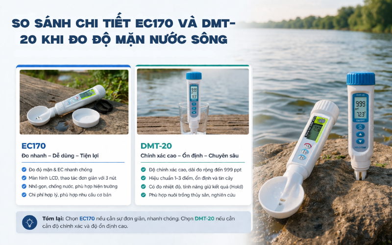So sánh chi tiết EC170 và DMT-20 khi đo độ mặn nước sông