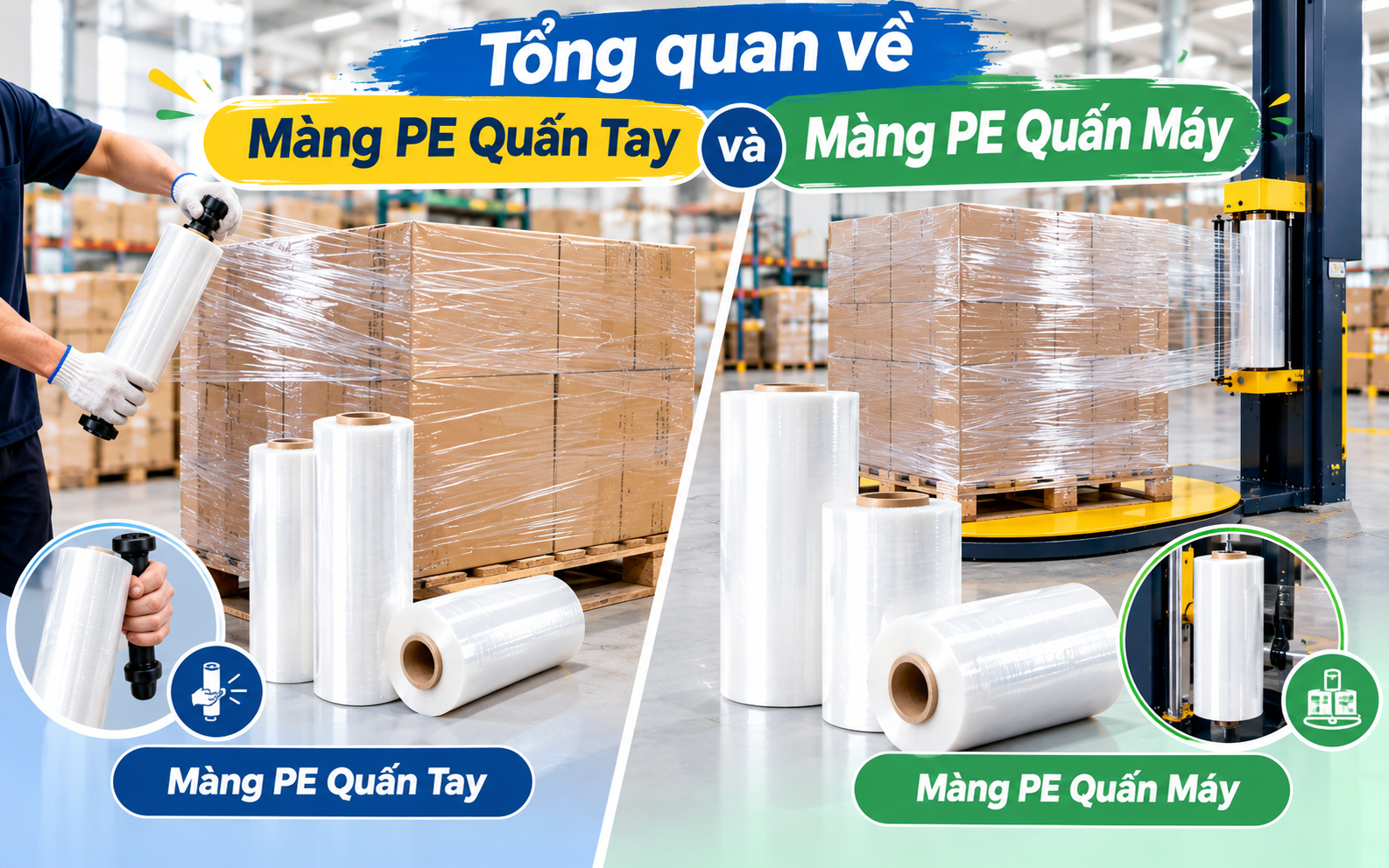 Tổng quan về màng PE quấn tay và màng PE quấn máy